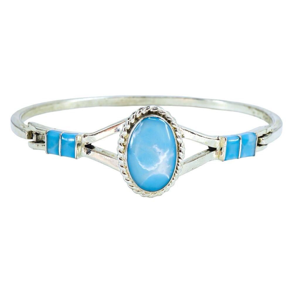 Larimar Mexico Silver Tone Hinged Cuff Bracelet Blue Inlay Vintage
